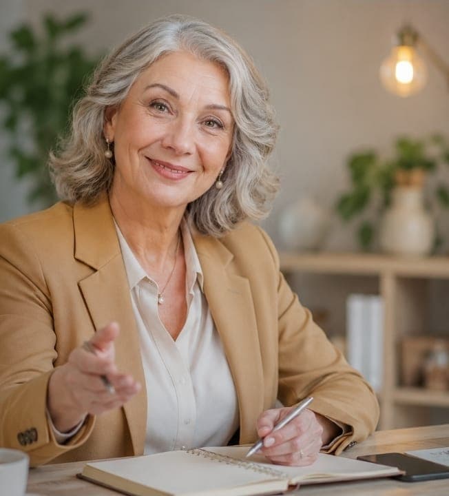 Une intervenante souriante à son bureau, stylo et carnet en main